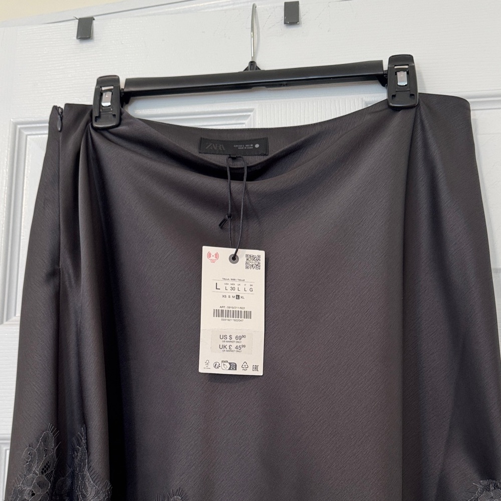 Zara Elegant Dark Gray Lace Trim Asymmetrical Skirt with Side Zip - Size L NWT - Picture 9 of 17